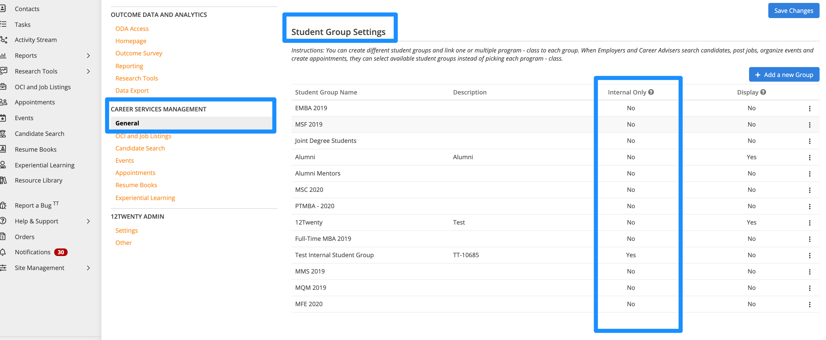 the image shows the Site Settings for Career Services Management, where Student Group Settings can be adjusted from the General tab