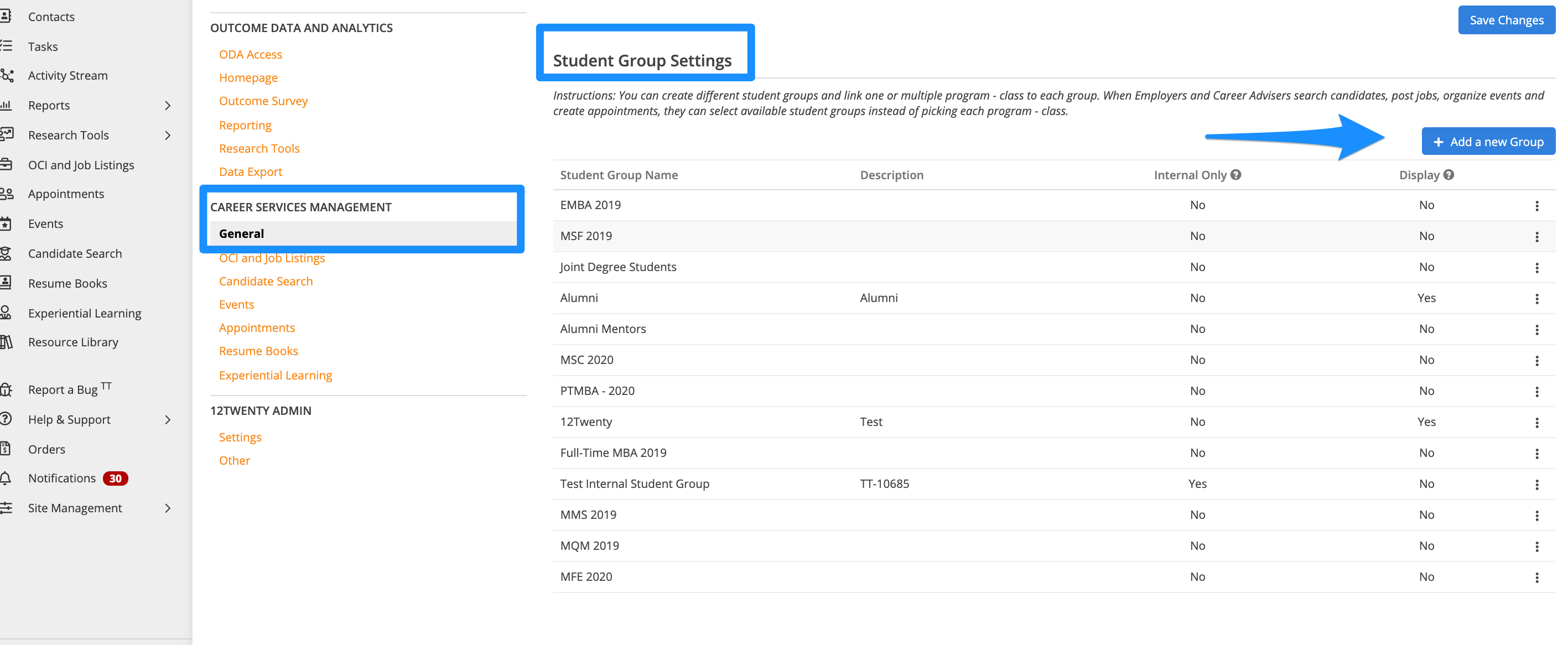 The image shows the Site Settings for Career Services Management, where Student Group Settings can be adjusted from the General tab, with an arrow pointing at the "+Add a new Group" button.